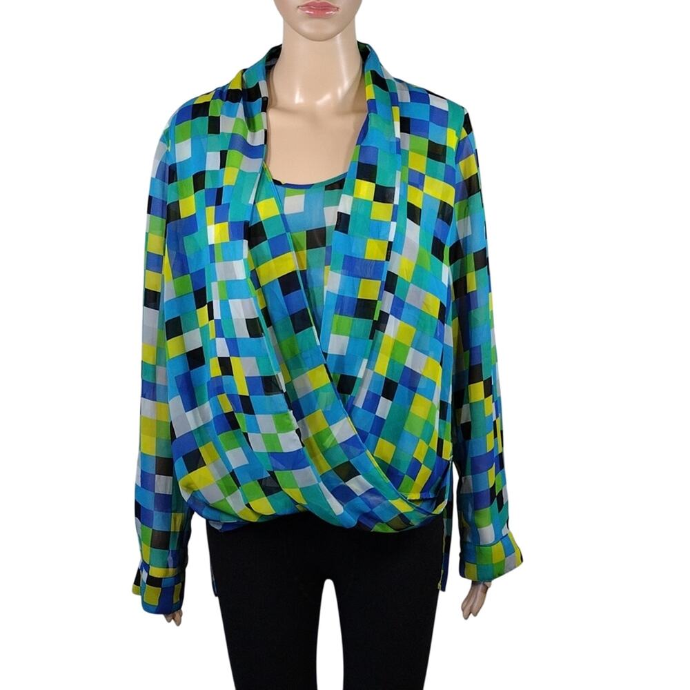 Vince Camuto Blouse Women’s M Green Blue Yellow Geometric Long Sleeve Formal